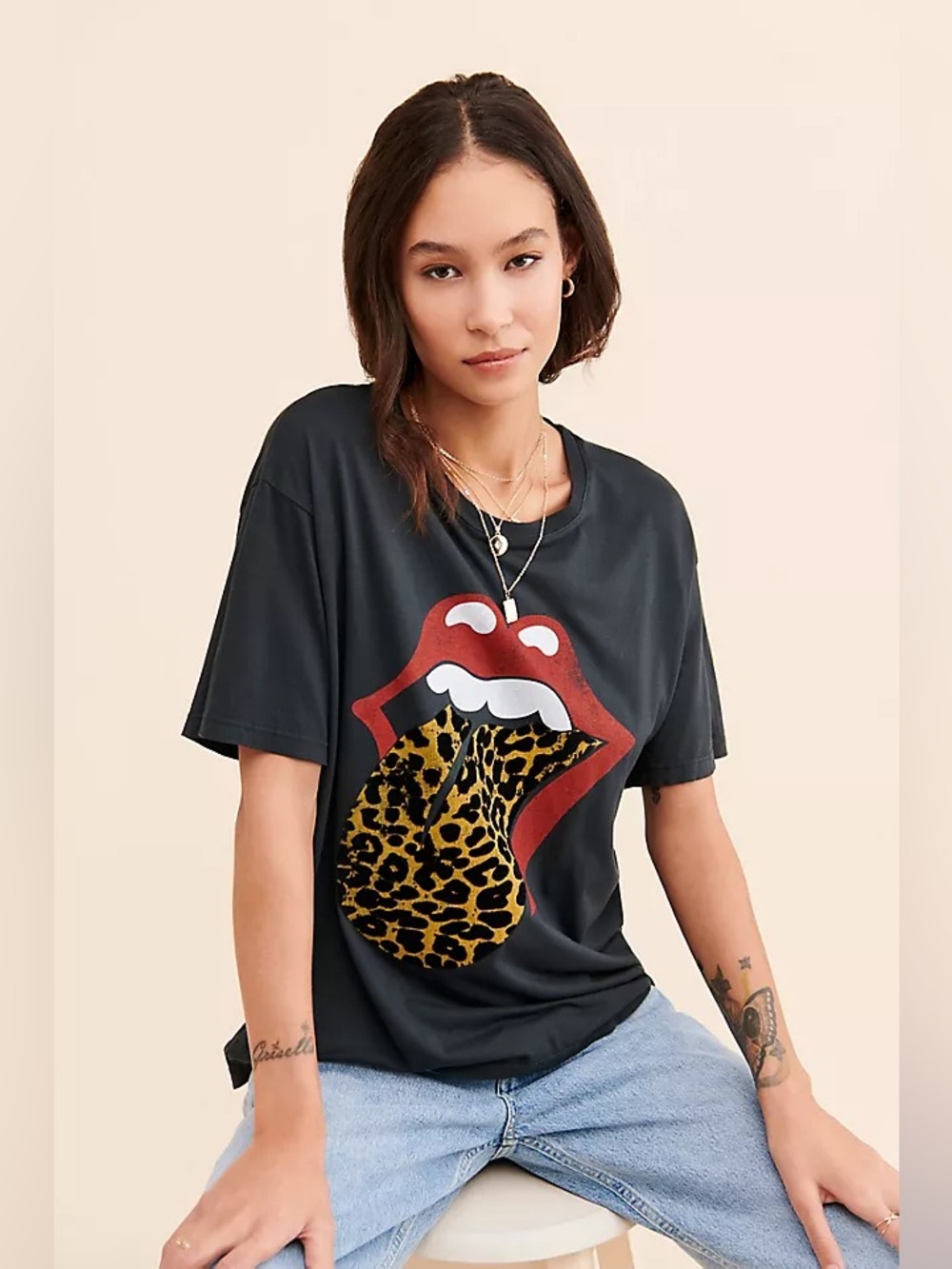 Daydreamer Rolling Stones Flocked Leopard Tongue Tour Tee Charcoal Gray